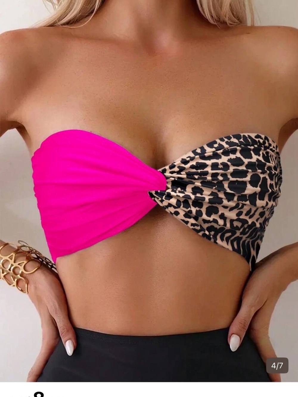 SHEIN Bandeau Bikini Top - Hot Pink & Leopard